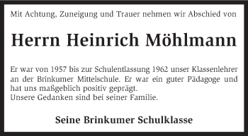 Traueranzeige von Heinrich Möhlmann von KRZ