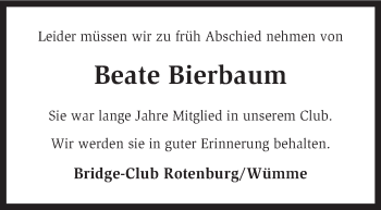 Traueranzeige von Beate Bierbaum von KRZ