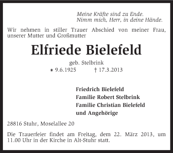 Traueranzeige von Elfriede Bielefeld von KRZ