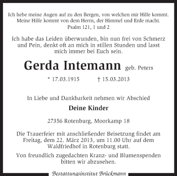 Traueranzeige von Gerda Intemann von KRZ