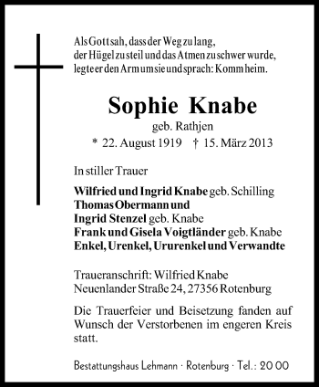 Traueranzeige von Sophie Knabe von KRZ