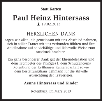 Traueranzeige von Paul Heinz Hintersass von KRZ