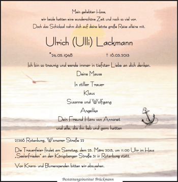 Traueranzeige von Ulrich Lackman von KRZ