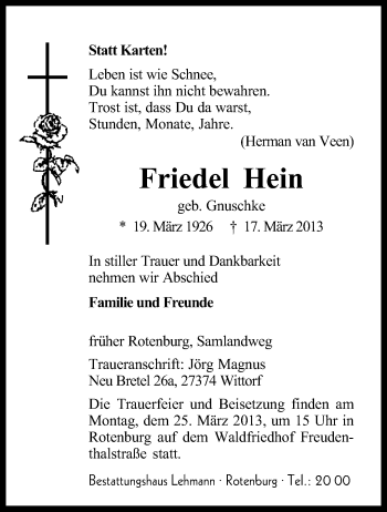 Traueranzeige von Friedel Hein von KRZ