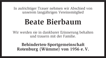 Traueranzeige von Beate Bierbaum von KRZ