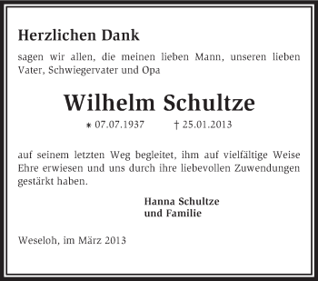 Traueranzeige von Wilhelm Schultze von KRZ