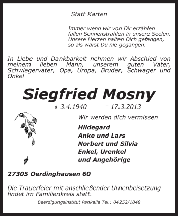 Traueranzeige von Siegfried Mosny von KRZ