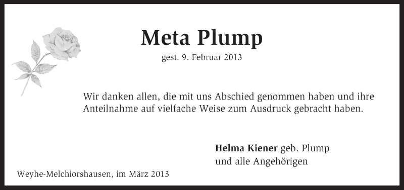  Traueranzeige für Meta Plump vom 23.03.2013 aus KRZ