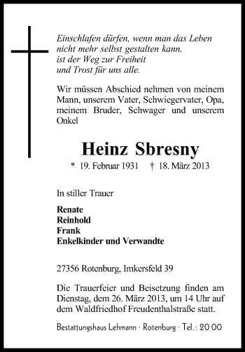 Traueranzeige von Heinz Sbresny von KRZ
