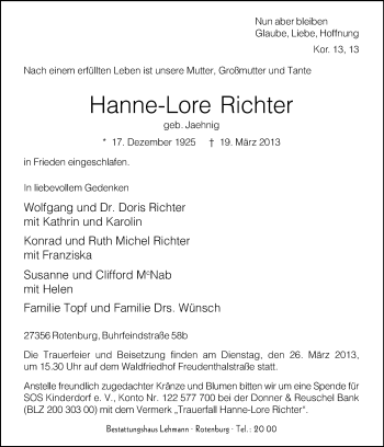 Traueranzeige von Hanne-Lore Richter von KRZ