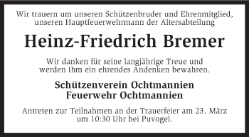 Traueranzeige von Heinz-Friedrich Bremer von KRZ