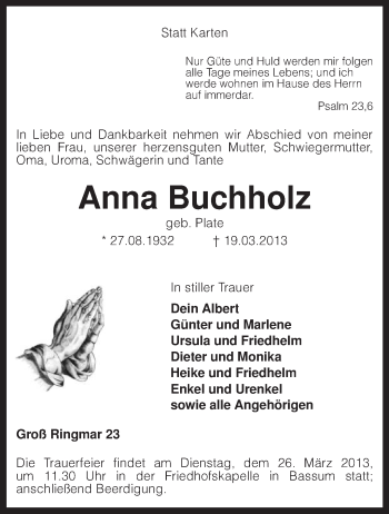 Traueranzeige von Anna Buchholz von KRZ