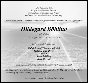 Traueranzeige von Hildegard Böhling von KRZ