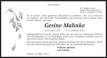 Traueranzeige von Gesine Mahnke von KRZ