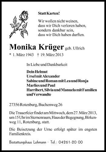 Traueranzeige von Monika Krüger von KRZ