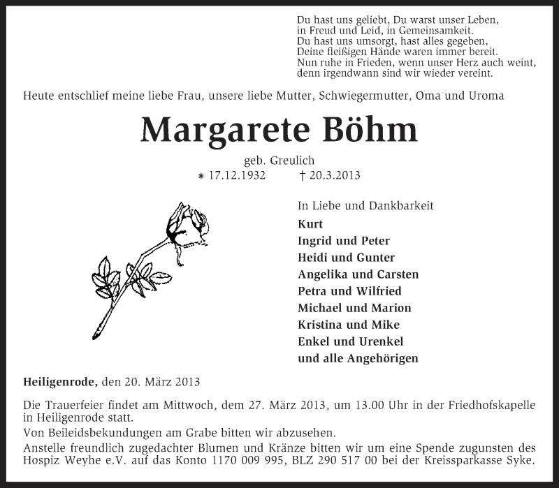  Traueranzeige für Margarete Böhm vom 22.03.2013 aus KRZ