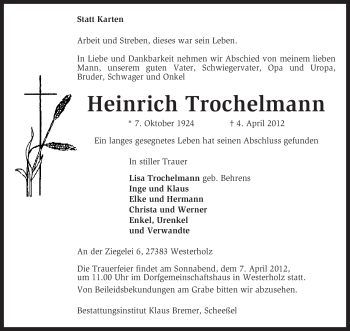 Traueranzeige von Heinrich Trochelmann von KREISZEITUNG SYKE