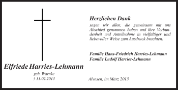 Traueranzeige von Elfriede Harries-Lehmann von KRZ