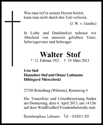 Traueranzeige von Walter Stof von KRZ