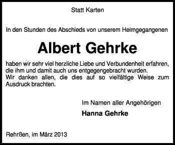 Traueranzeige von Albert Gehrke von KRZ