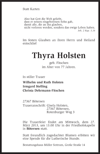 Traueranzeige von Thyra Holsten von KRZ