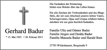 Traueranzeige von Gerhard Badur von KRZ