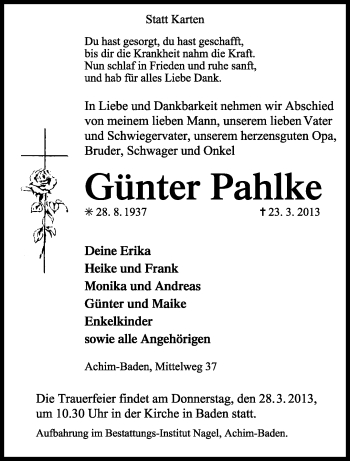 Traueranzeige von Günther Pahlke von KRZ