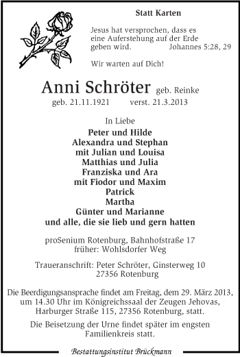 Traueranzeige von Anni Schröter von KRZ