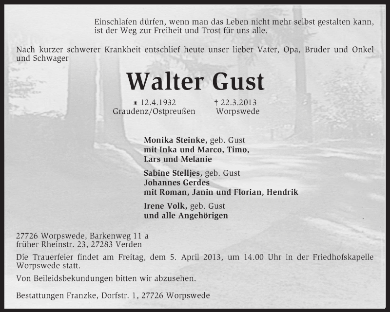  Traueranzeige für Walter Gust vom 27.03.2013 aus KRZ