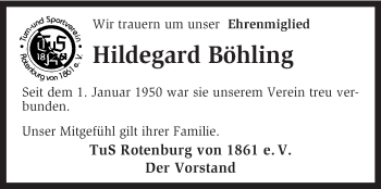 Traueranzeige von Hildegard Böhling von KRZ