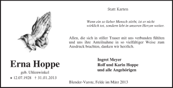 Traueranzeige von Erna Hoppe von KRZ