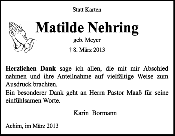 Traueranzeige von Matilde Nehring von KRZ