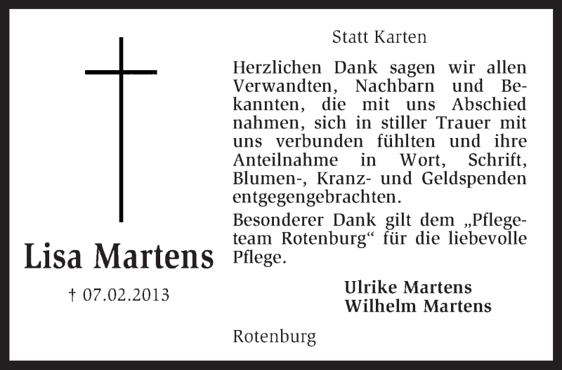  Traueranzeige für Lisa Martens vom 28.03.2013 aus KRZ