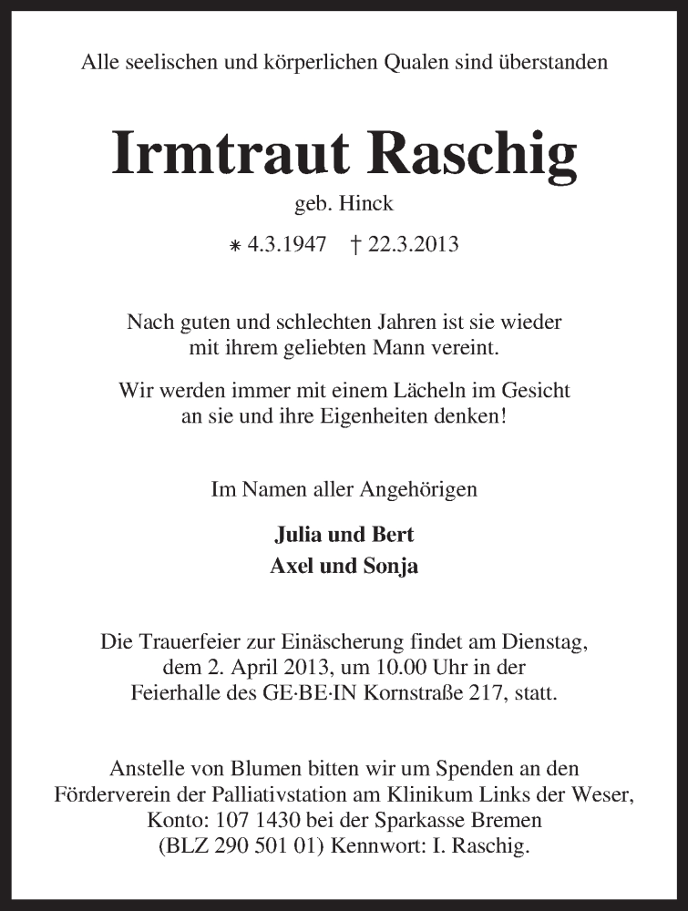 Traueranzeige für Irmtraut Raschig vom 27.03.2013 aus KRZ