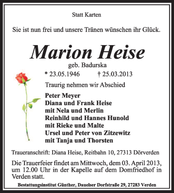 Traueranzeige von Marion Heise von KRZ