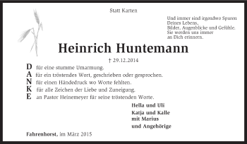 Traueranzeige von Heinrich Huntemann von KRZ