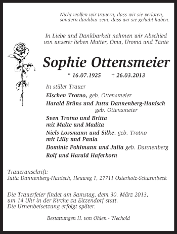 Traueranzeige von Sophie Ottensmeier von KRZ