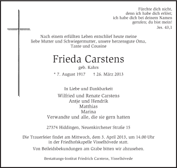 Traueranzeige von Frieda Carstens von KRZ