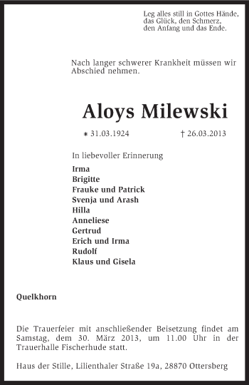 Traueranzeige von Aloys Milewski von KRZ