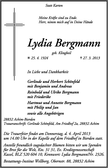 Traueranzeige von Lydia Bergmann von KRZ