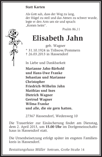 Traueranzeige von Elisabeth Jahn von KRZ