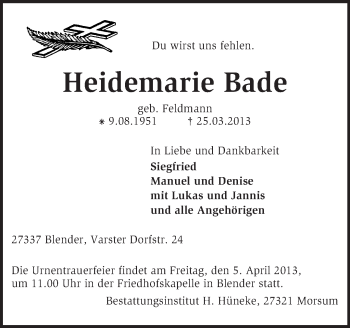 Traueranzeige von Heidemarie Bade von KRZ