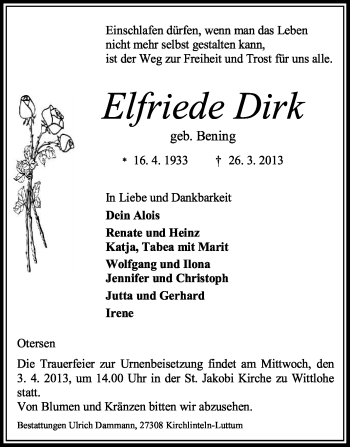 Traueranzeige von Elfriede Dirk von KRZ