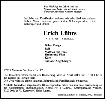 Traueranzeige von Erich Lührs von KRZ