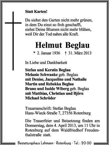 Traueranzeige von Helmut Beglau von KRZ