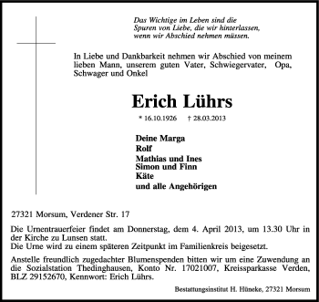 Traueranzeige von Erich Lührs von KRZ