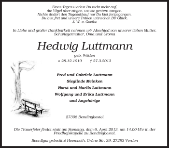 Traueranzeige von Hedwig Luttmann von KRZ