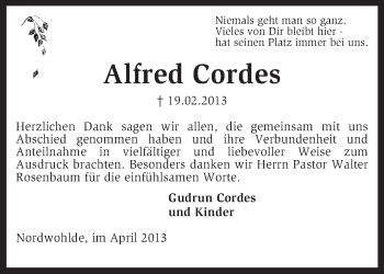 Traueranzeige von Alfred Cordes von KRZ