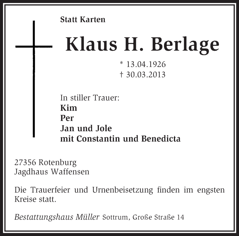  Traueranzeige für Klaus H. Berlage vom 03.04.2013 aus KRZ