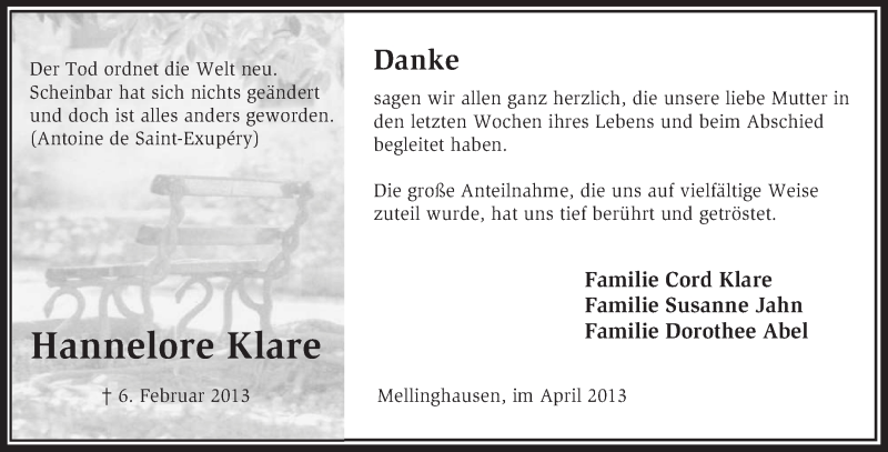  Traueranzeige für Hannelore Klare vom 06.04.2013 aus KRZ